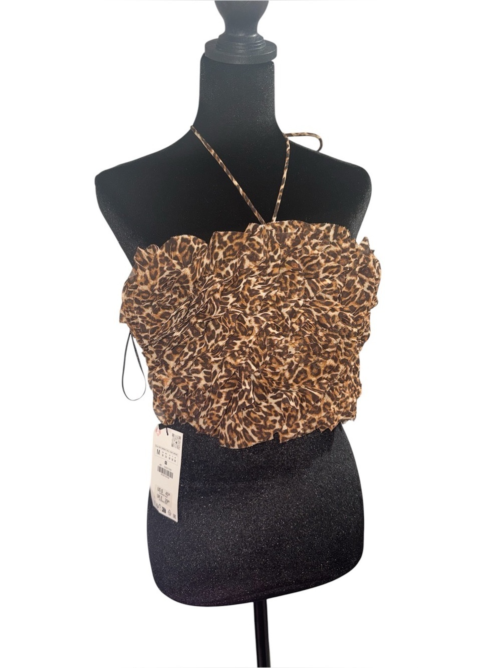 326. Zara Women’s Y2K Festival Leopard Print Ruffle Halter Crop Brown NWT Size M